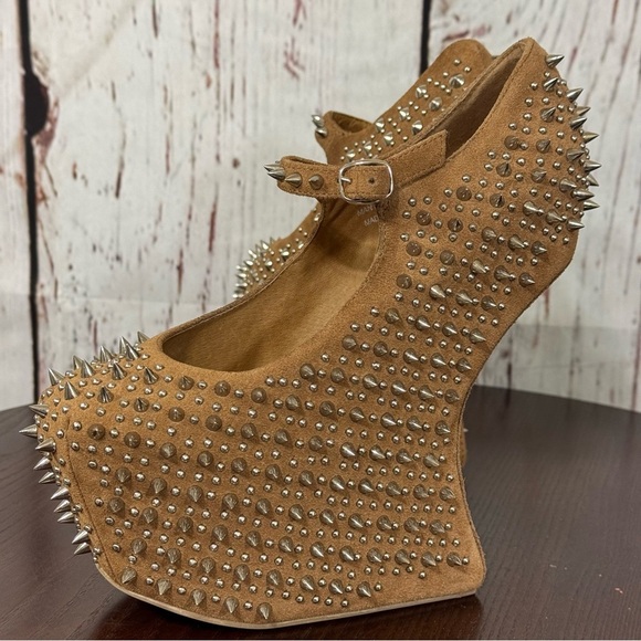 JEFFREY CAMPBELL NIGHT WALK PRICKLY Studded Tan Suede heelless Platforms 6 New - Picture 5 of 17